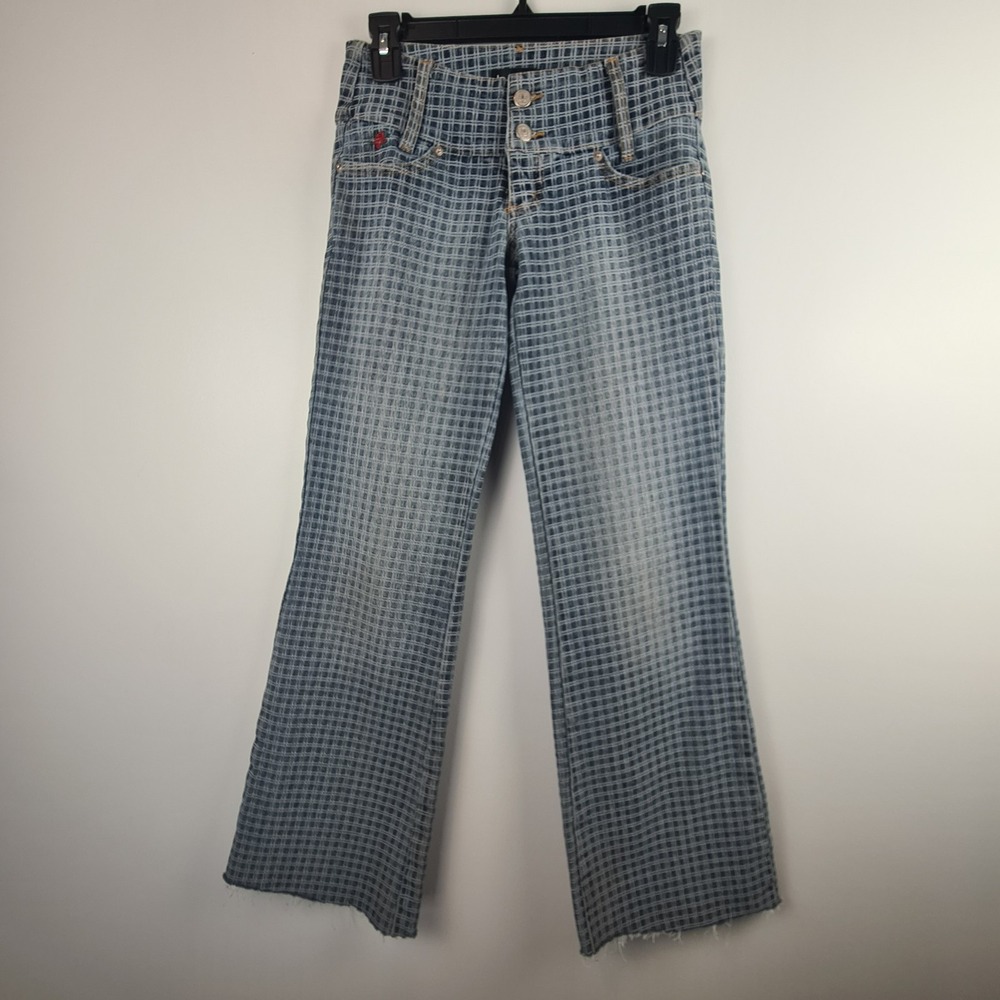 Bebe Y2k 2000s Ultra Low Rise Flare Jeans Size 4 Blue Checkered Pattern‎ Grunge